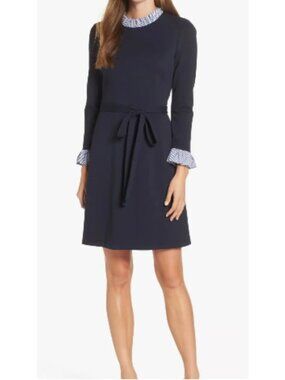 Nordstom Women's Navy Blue Ruffle Collar & Sleeves Belted Dress Size 2